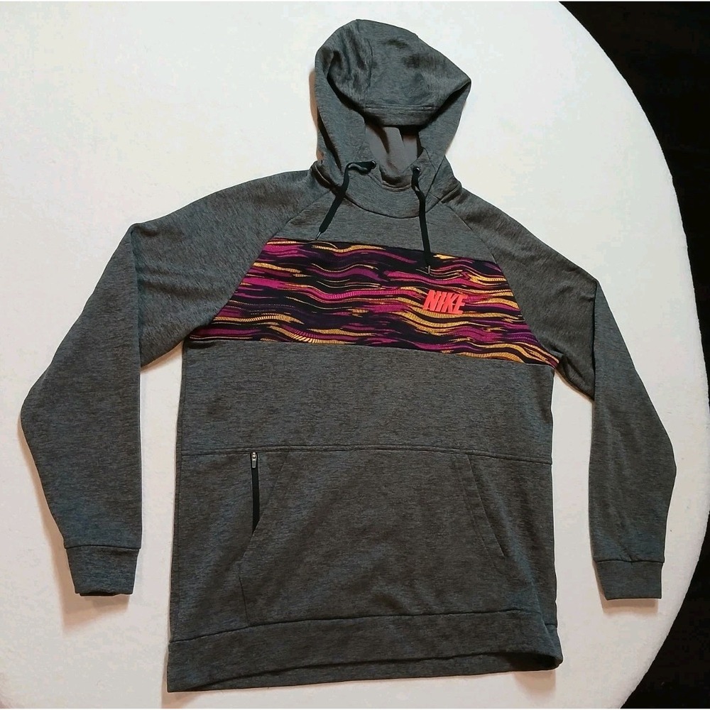 Nike Therma Fit Hoodie Mens Large Gray Pink Aztec Wavy Print Pullover CV7725-032